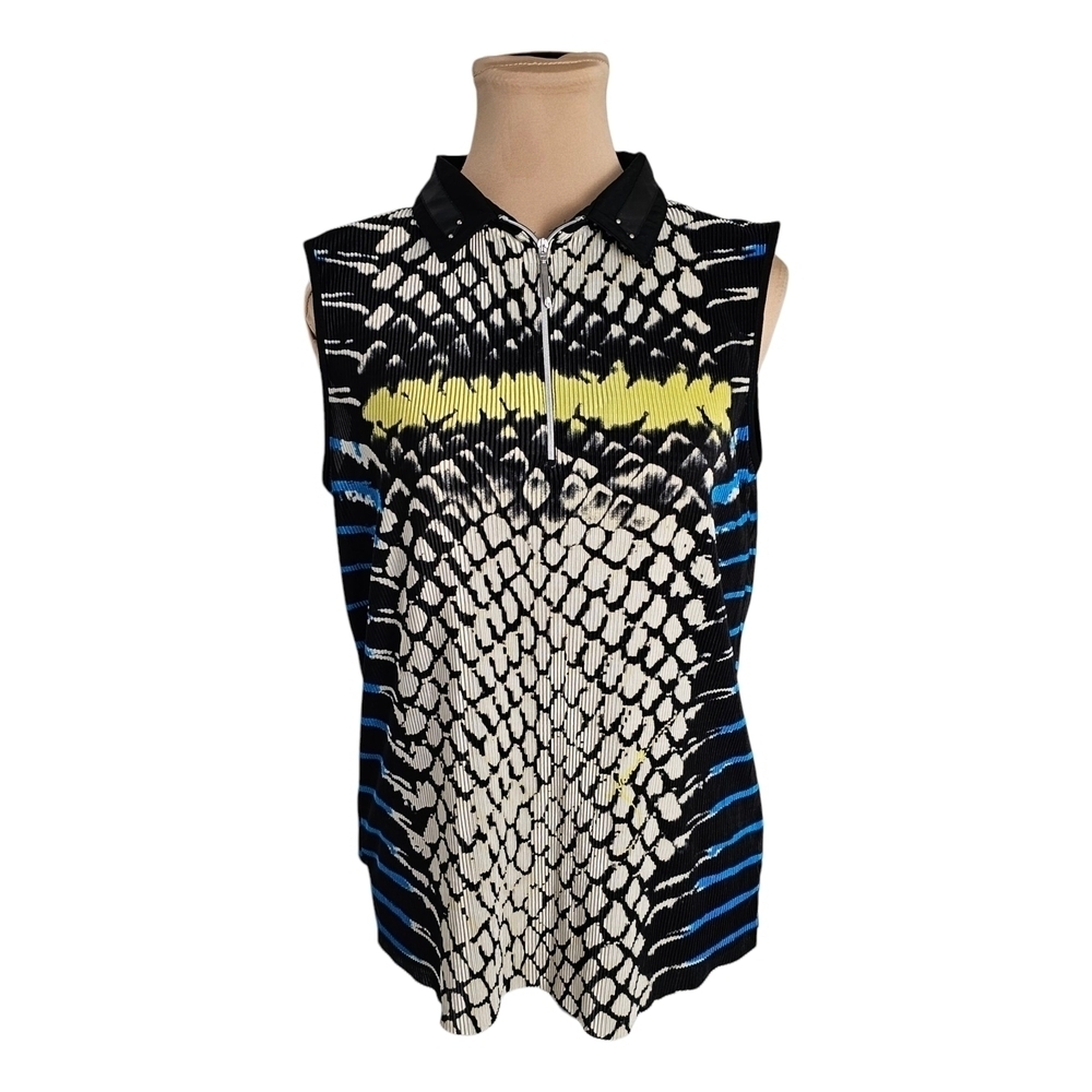 Jamie Sadock Black White Yellow Snake Skin Graphic Polo Top Sz S